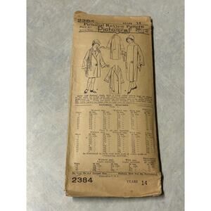 Antique 1920's Pictorial Review Pattern #2384 Girls/Juniors Coat Size 14 Years